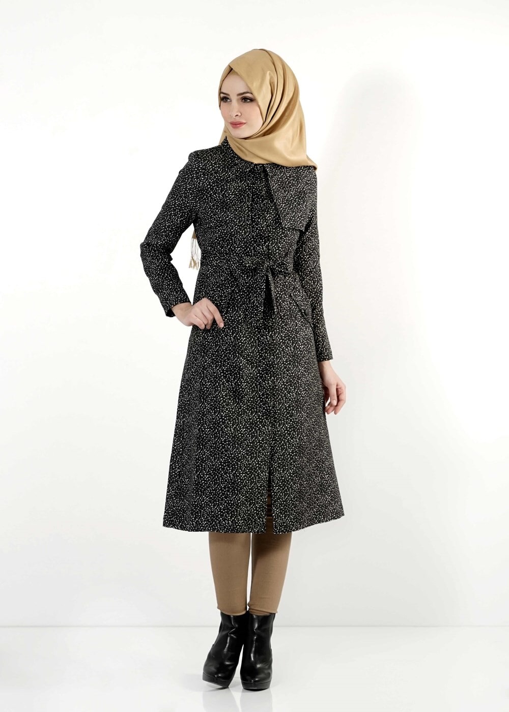 Tesettür giyim SİYAH KEMERLİ CEPLİ TRENÇKOT 1120