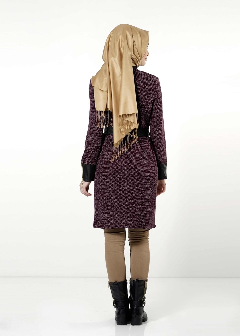 Tesettür giyim BORDO KEMERLİ FERMUARLI TRENÇKOT 1149