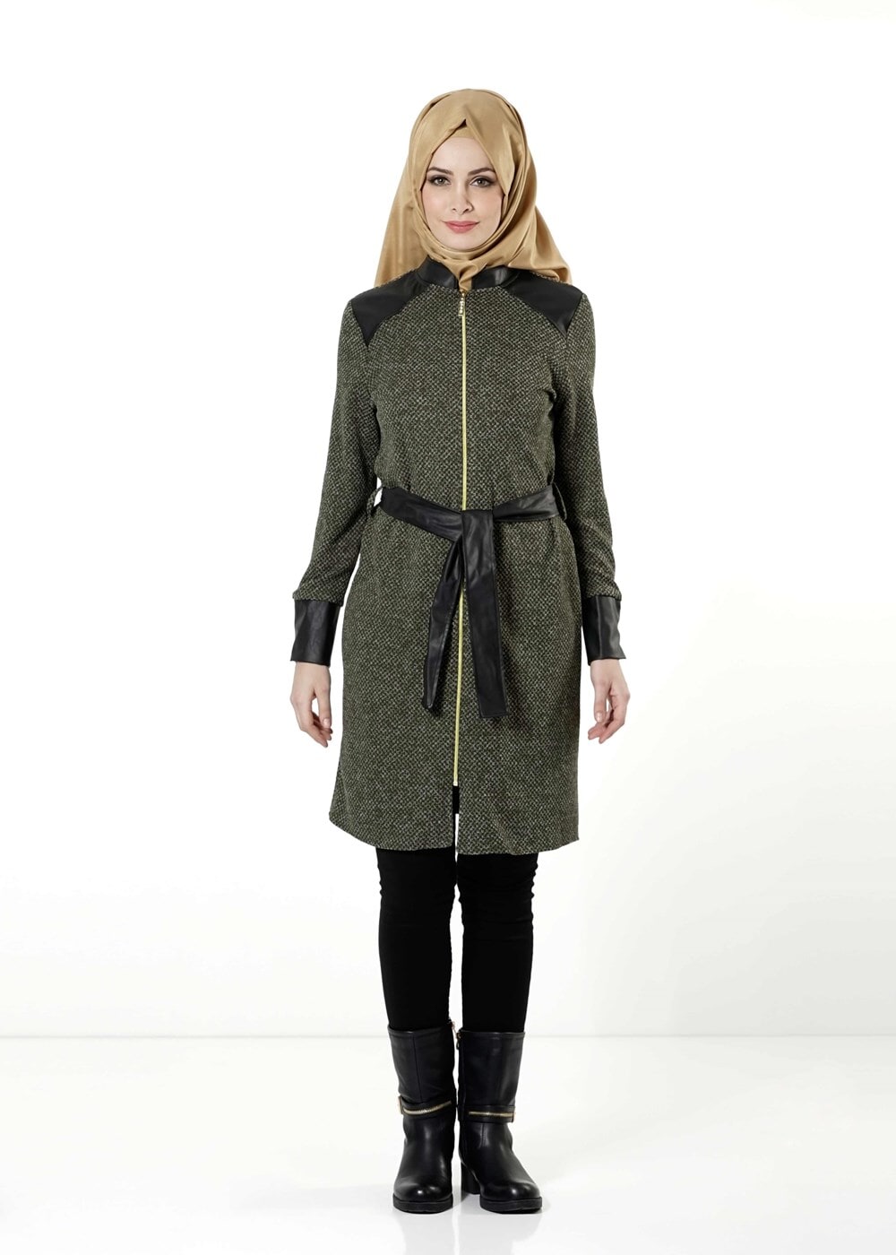 Tesettür giyim HAKİ KEMERLİ FERMUARLI TRENÇKOT 1149