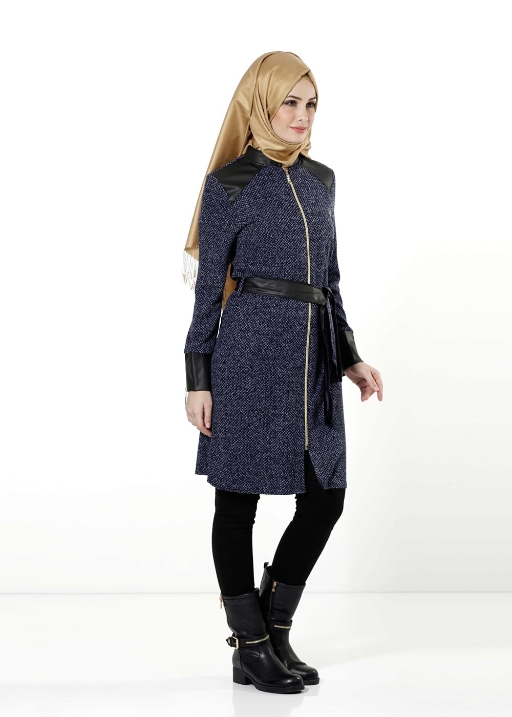Tesettür giyim LACİVERT KEMERLİ FERMUARLI TRENÇKOT 1149