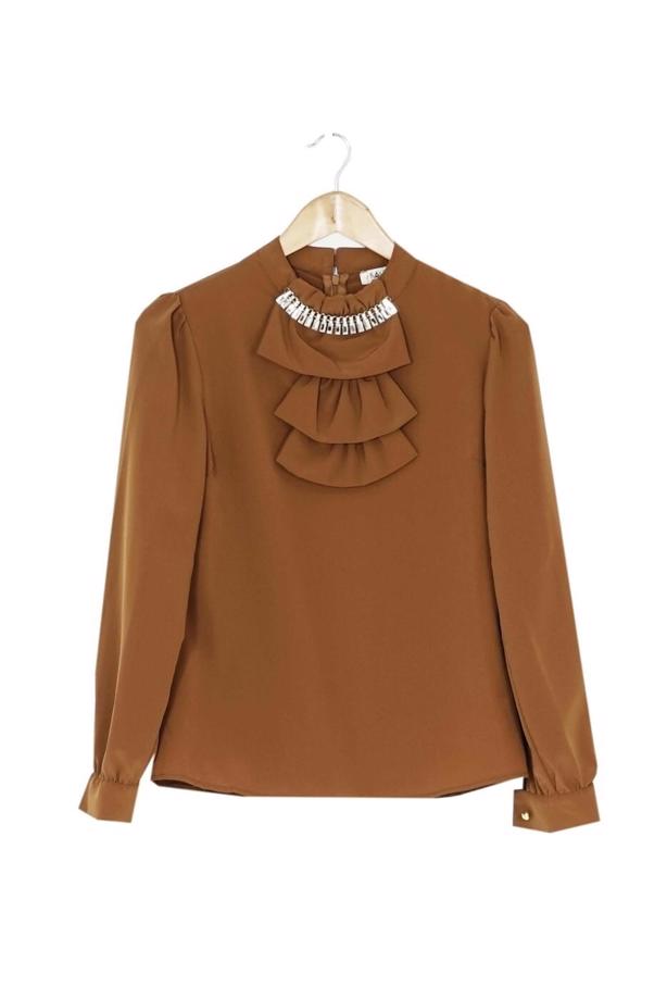 Tesettür giyim KAHVE YAKA DETAYLI AKSESUARLI BLUZ 5571 - TRENDTESETTÜR
