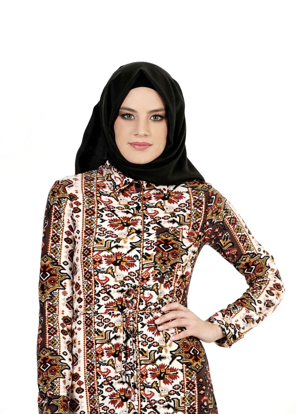 Tesettür giyim EKRU ETNİK DESENLİ BLUZ 1428 