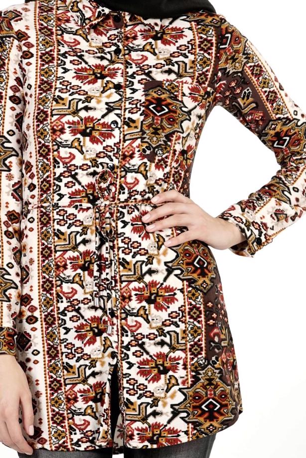 Hijab clothing ECRU ETHNIC PATTERNED BLOUSE 1428  - TRENDTESETTÜR