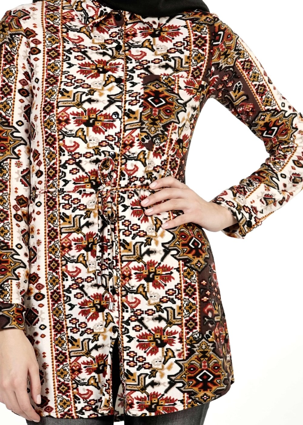Tesettür giyim EKRU ETNİK DESENLİ BLUZ 1428 