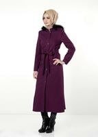 Tesettür giyim FUŞYA DESENLİ KAPÜŞONU KÜRKLÜ TRENÇKOT 3070 