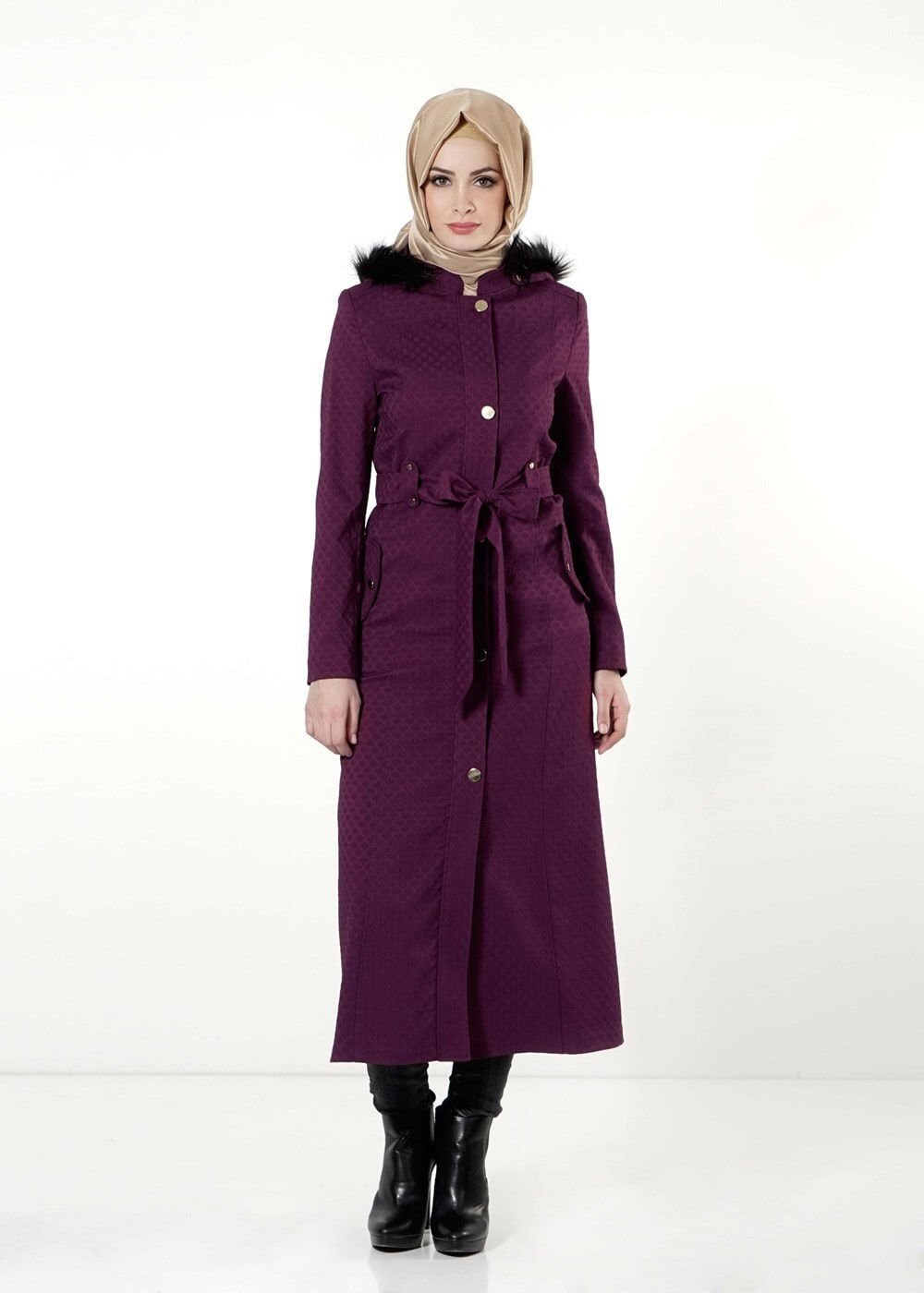 Tesettür giyim FUŞYA DESENLİ KAPÜŞONU KÜRKLÜ TRENÇKOT 3070 