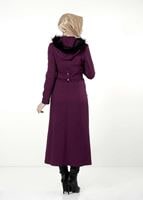 Tesettür giyim FUŞYA DESENLİ KAPÜŞONU KÜRKLÜ TRENÇKOT 3070 