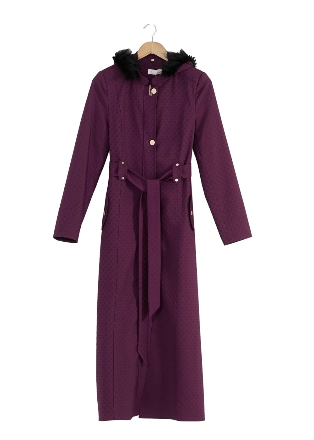 Tesettür giyim FUŞYA DESENLİ KAPÜŞONU KÜRKLÜ TRENÇKOT 3070 