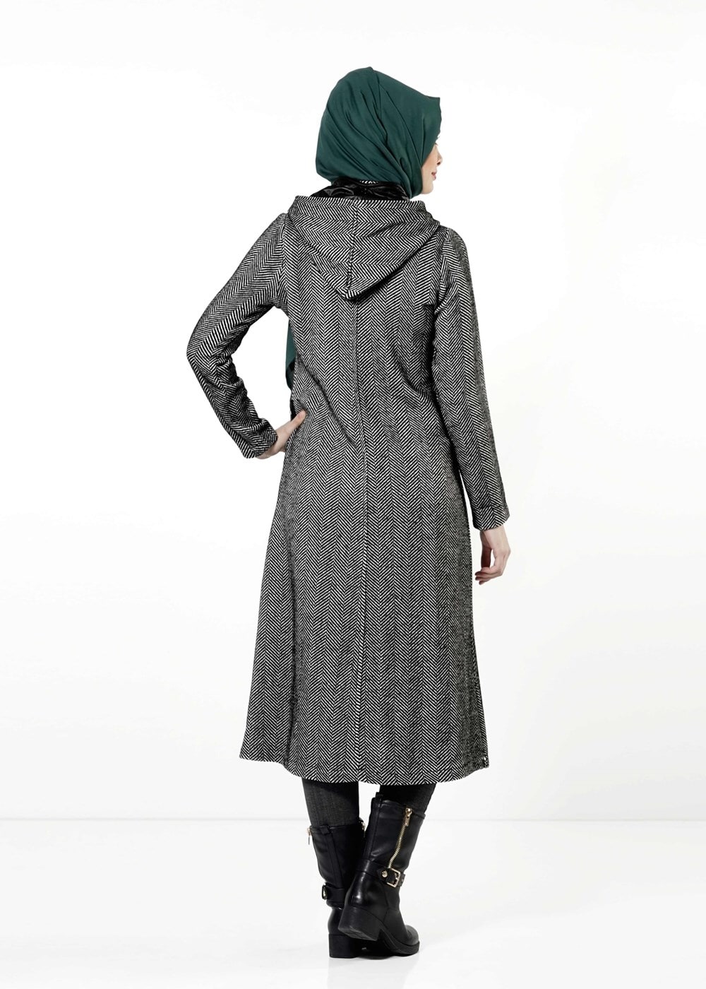 Tesettür giyim SİYAH FERMUARLI KAPÜŞONLU TRENÇKOT 6649