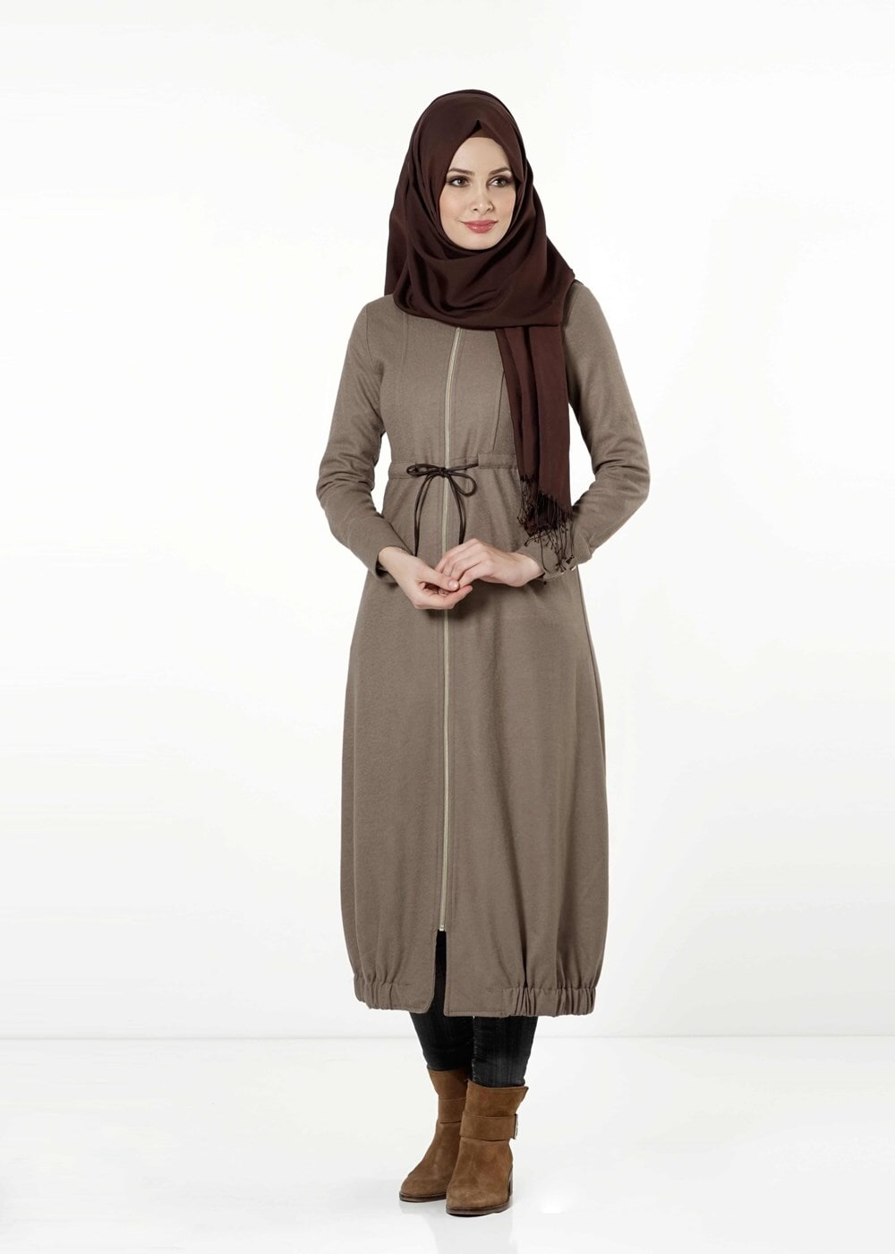 Tesettür giyim KAHVE FERMUARLI KAPÜŞONLU TRENÇKOT 0266 