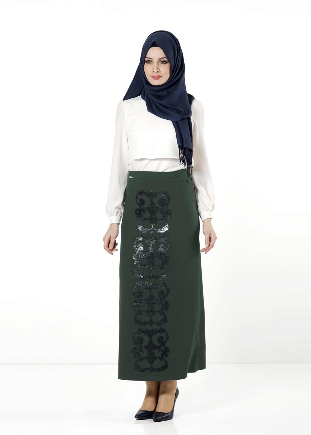 Tesettür giyim HAKİ DESENLİ ETEK 397 