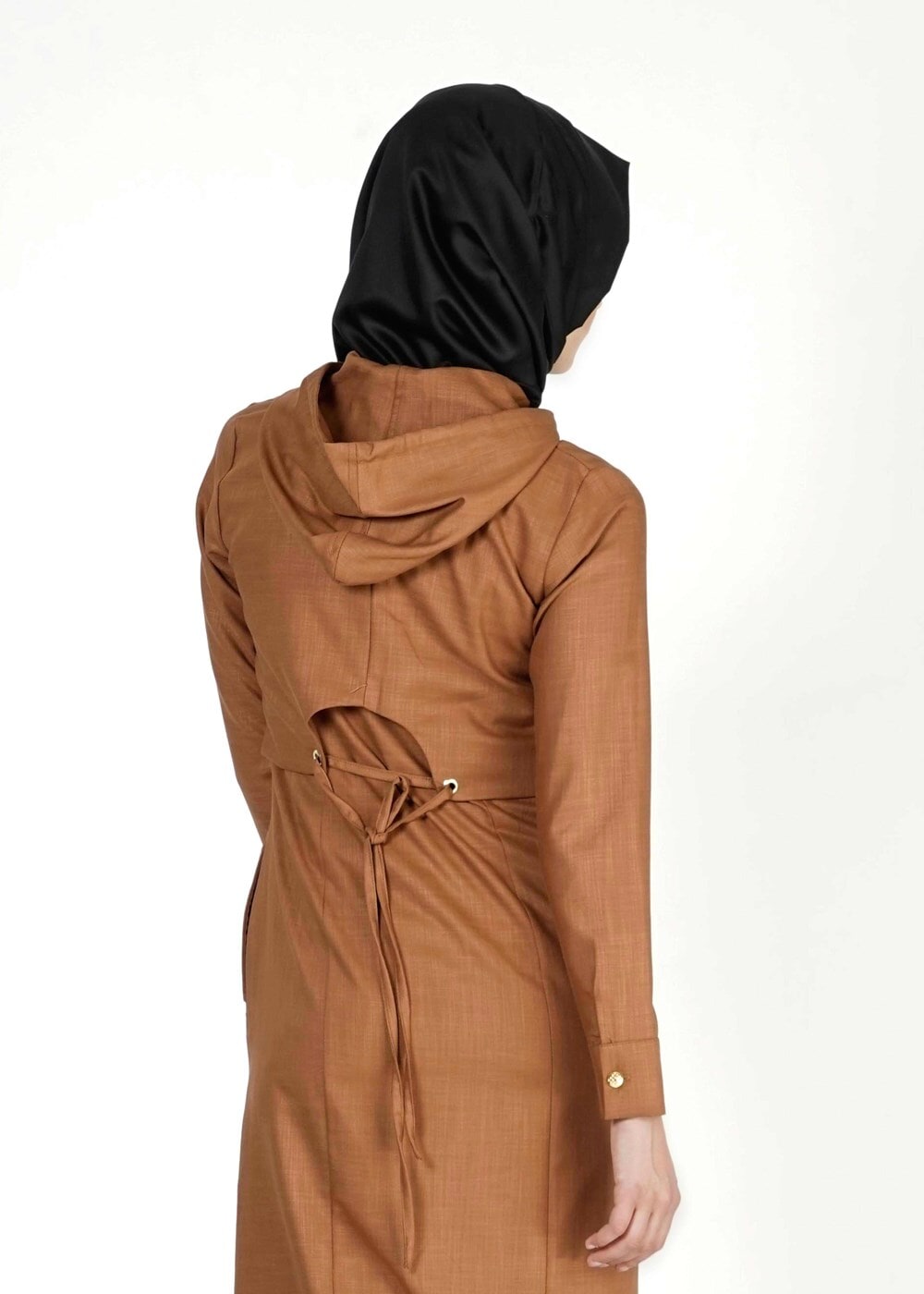 Tesettür giyim TABA KAPÜŞONLU FERMUARLI TRENÇKOT 7329 