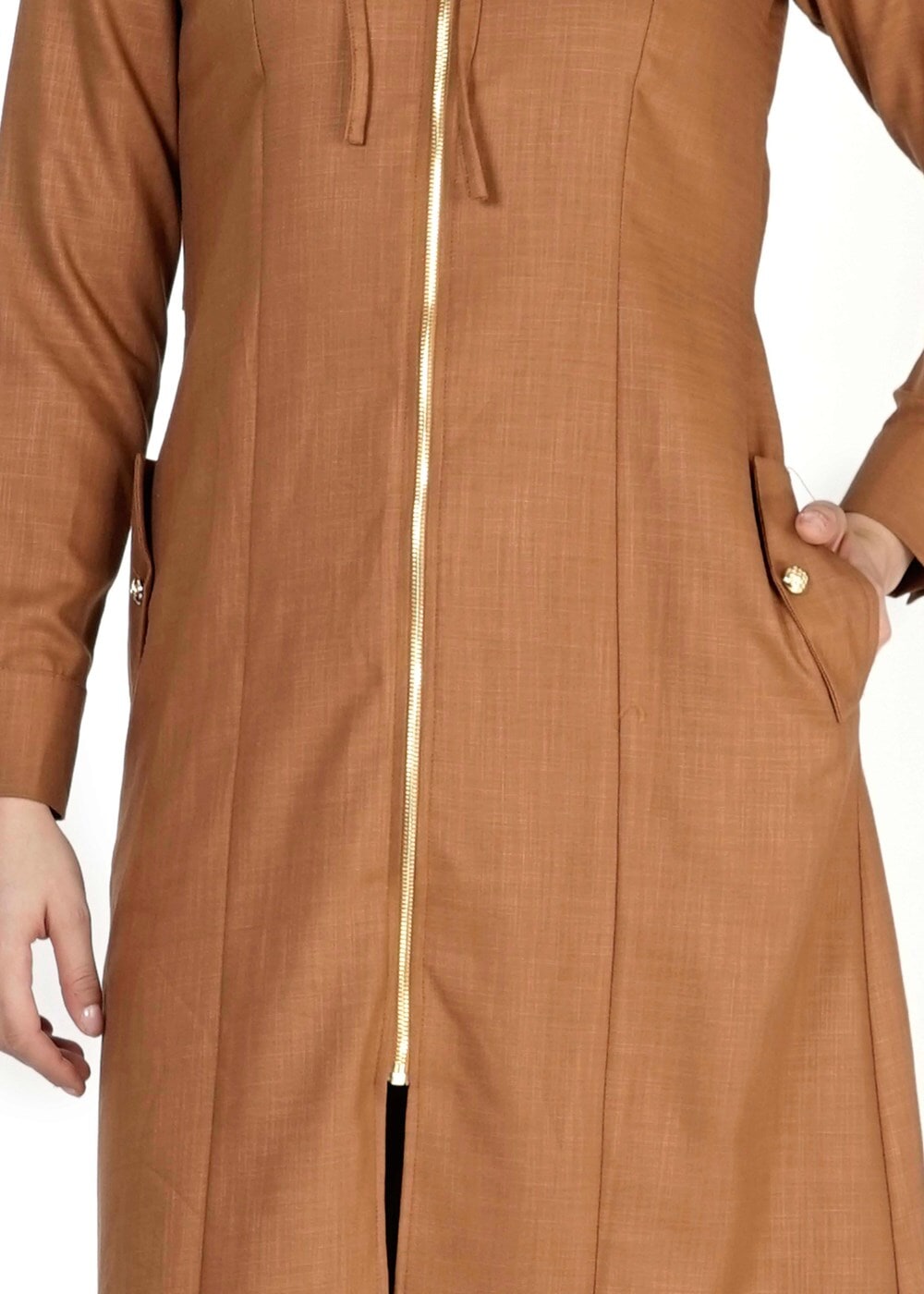 Tesettür giyim TABA KAPÜŞONLU FERMUARLI TRENÇKOT 7329 