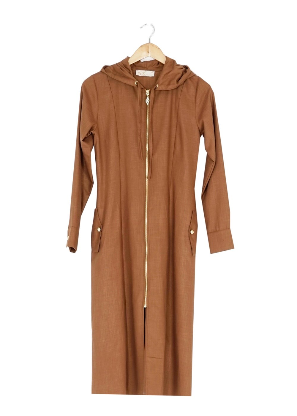 Tesettür giyim TABA KAPÜŞONLU FERMUARLI TRENÇKOT 7329 