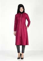 Tesettür giyim MOR KAPÜŞONLU FERMUARLI TRENÇKOT 7329 