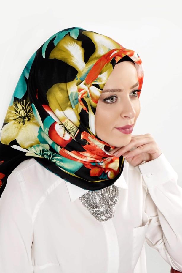 Tesettür giyim SİYAH T 27620 Çicek Desenli Eşarp - TRENDTESETTÜR