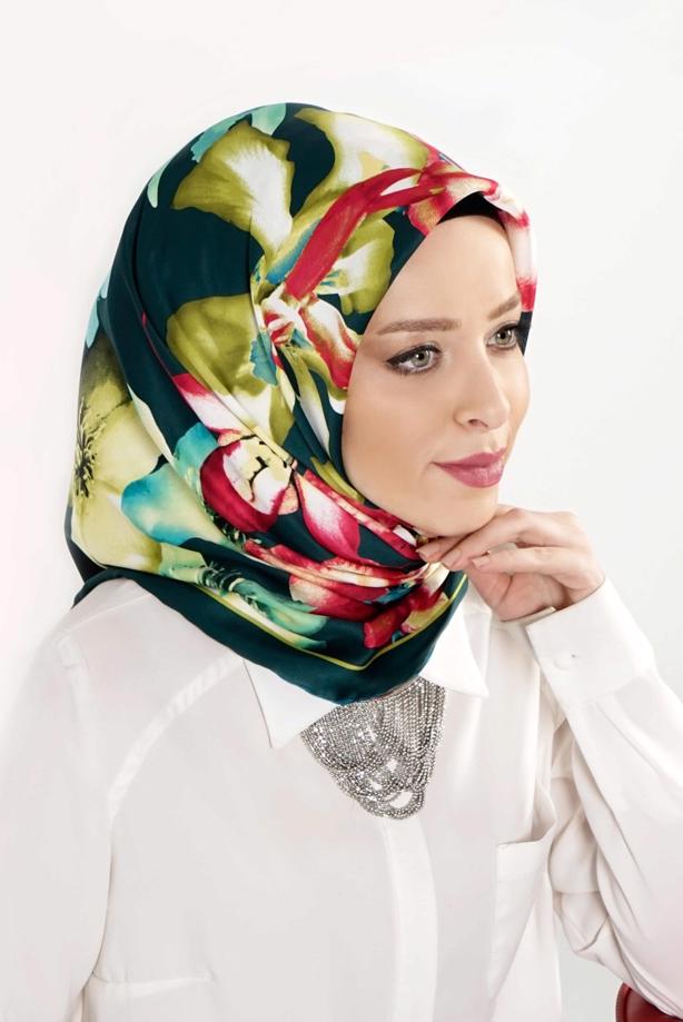 Vêtements hijab VERT T 27620 Çicek Desenli Eşarp - TRENDTESETTÜR
