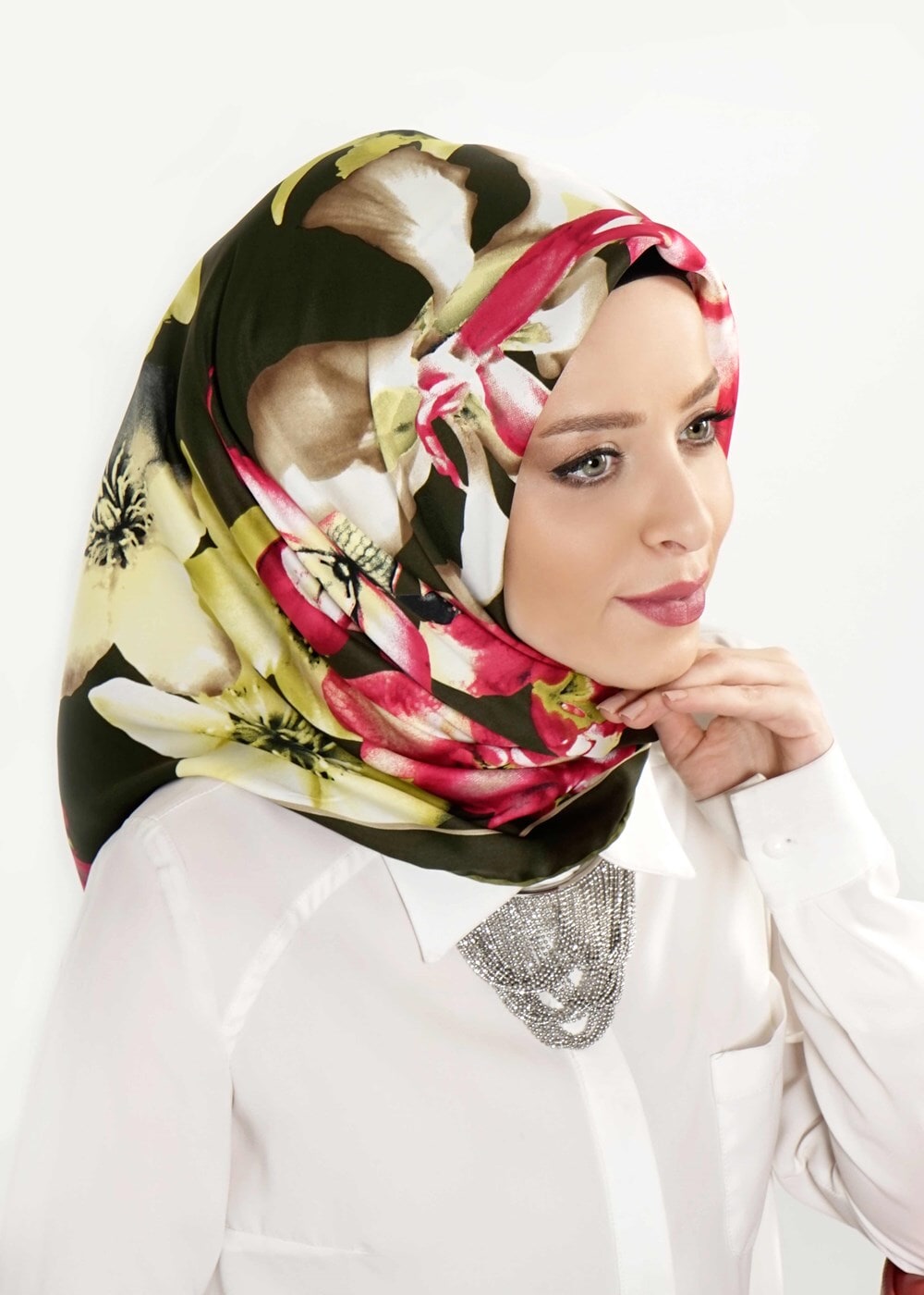 Vêtements hijab VERT T 27620 Çicek Desenli Eşarp
