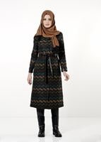 Tesettür giyim KAHVE ZİKZAK DESENLİ KUŞAKLI TRENÇKOT 0480 