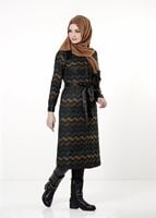 Tesettür giyim KAHVE ZİKZAK DESENLİ KUŞAKLI TRENÇKOT 0480 