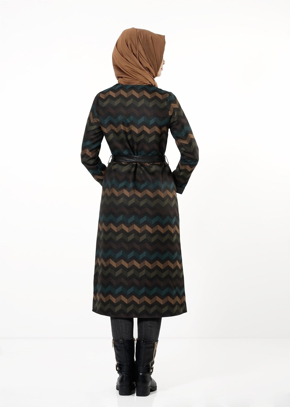 Tesettür giyim KAHVE ZİKZAK DESENLİ KUŞAKLI TRENÇKOT 0480 