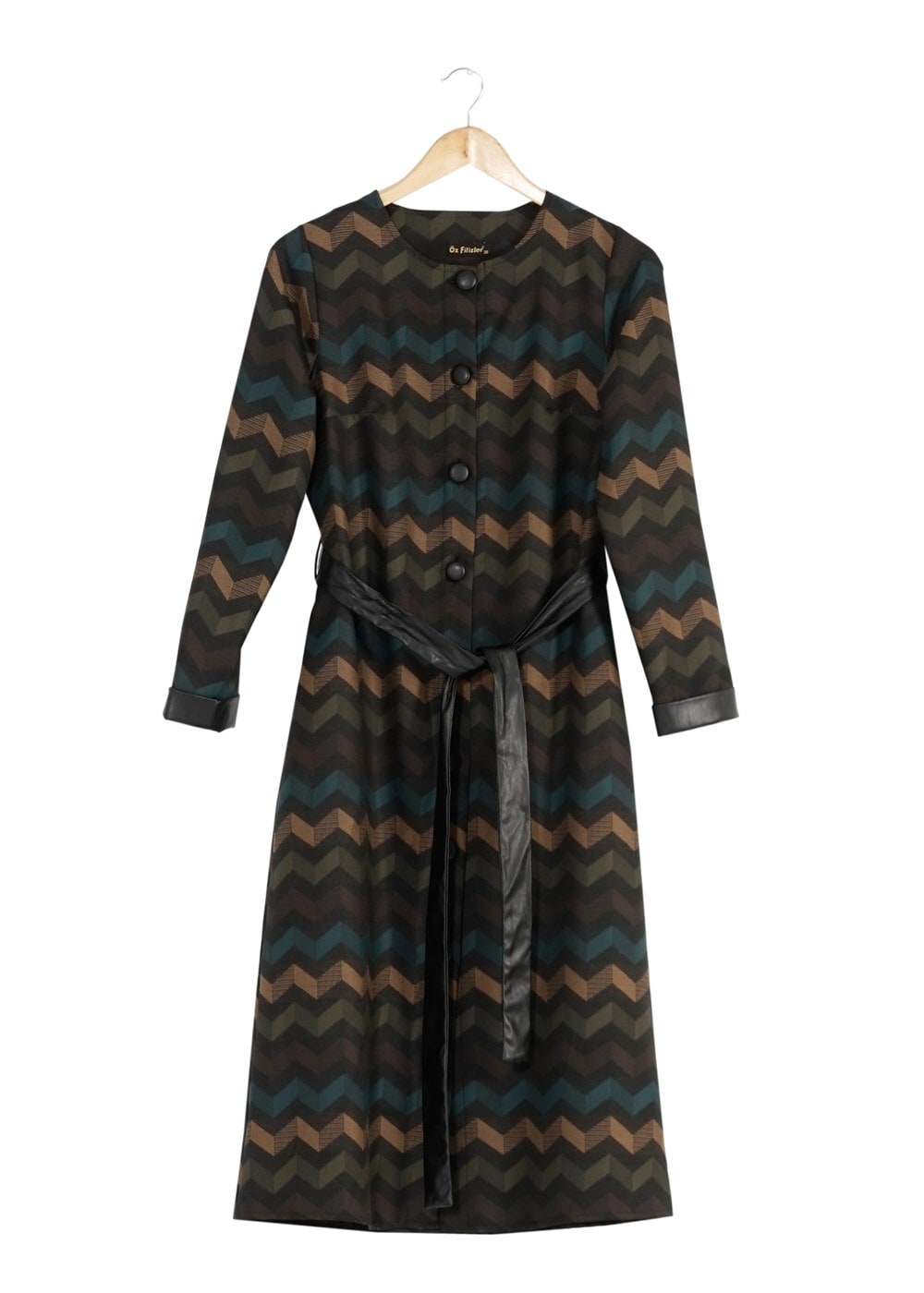 Tesettür giyim KAHVE ZİKZAK DESENLİ KUŞAKLI TRENÇKOT 0480 