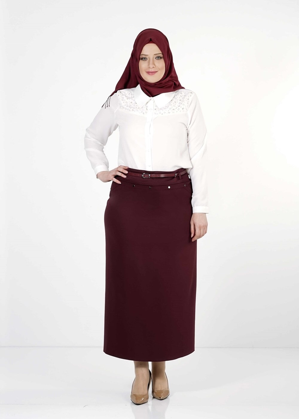 Hijab clothing CLARET RED STUDDED STRAIGHT CUT SKIRT 1251 