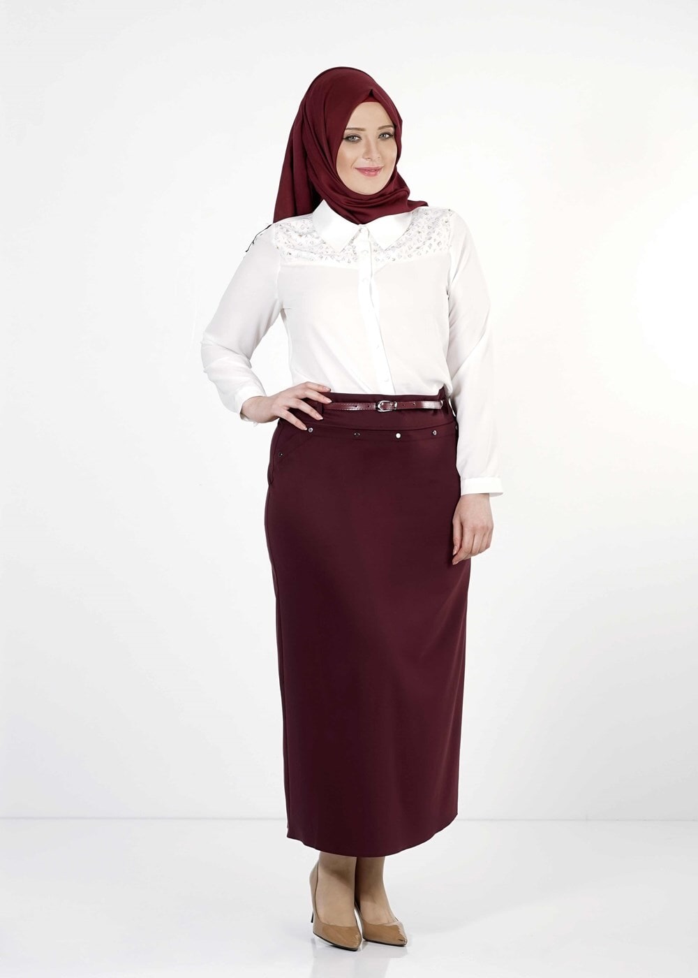 Hijab clothing CLARET RED STUDDED STRAIGHT CUT SKIRT 1251 