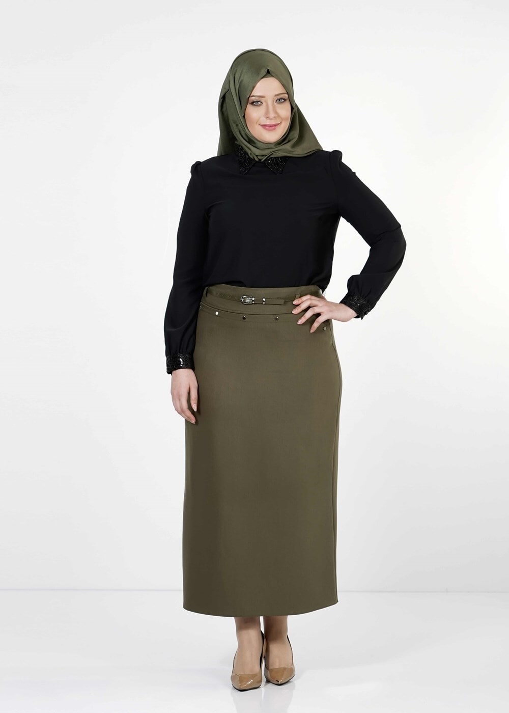 Hijab clothing KHAKI STUDDED STRAIGHT CUT SKIRT 1251 