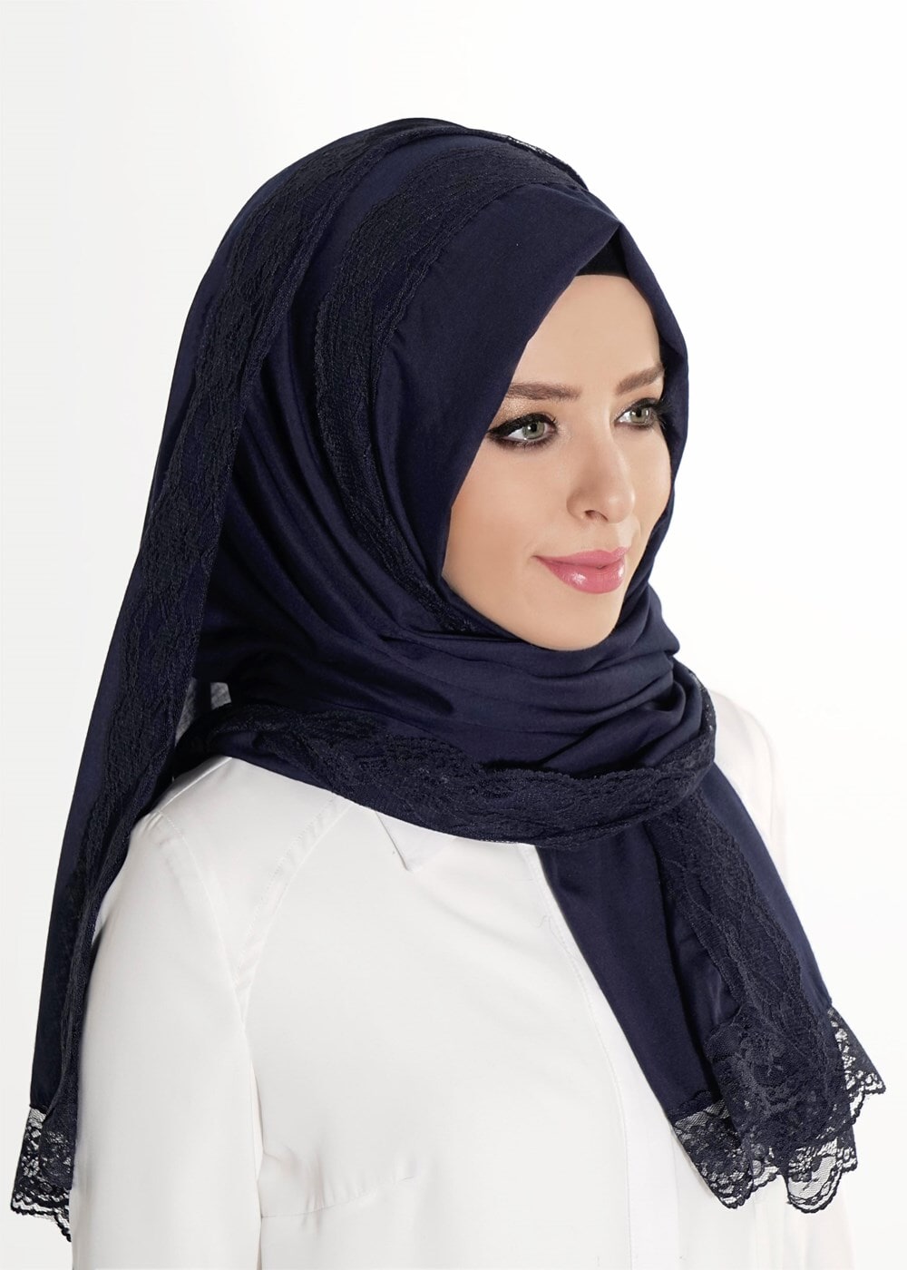 Tesettür giyim LACİVERT T 7505-1 Koton Dantel Şal
