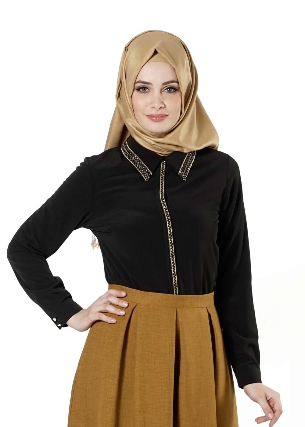 Vêtements hijab NOIR CHEMISIER À EMBELLI 8653 