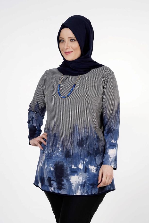 Vêtements hijab BLEU MARINE CHEMISIER À IMPRIMÉ 5322  - TRENDTESETTÜR