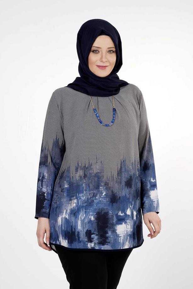 Vêtements hijab BLEU MARINE CHEMISIER À IMPRIMÉ 5322  - TRENDTESETTÜR