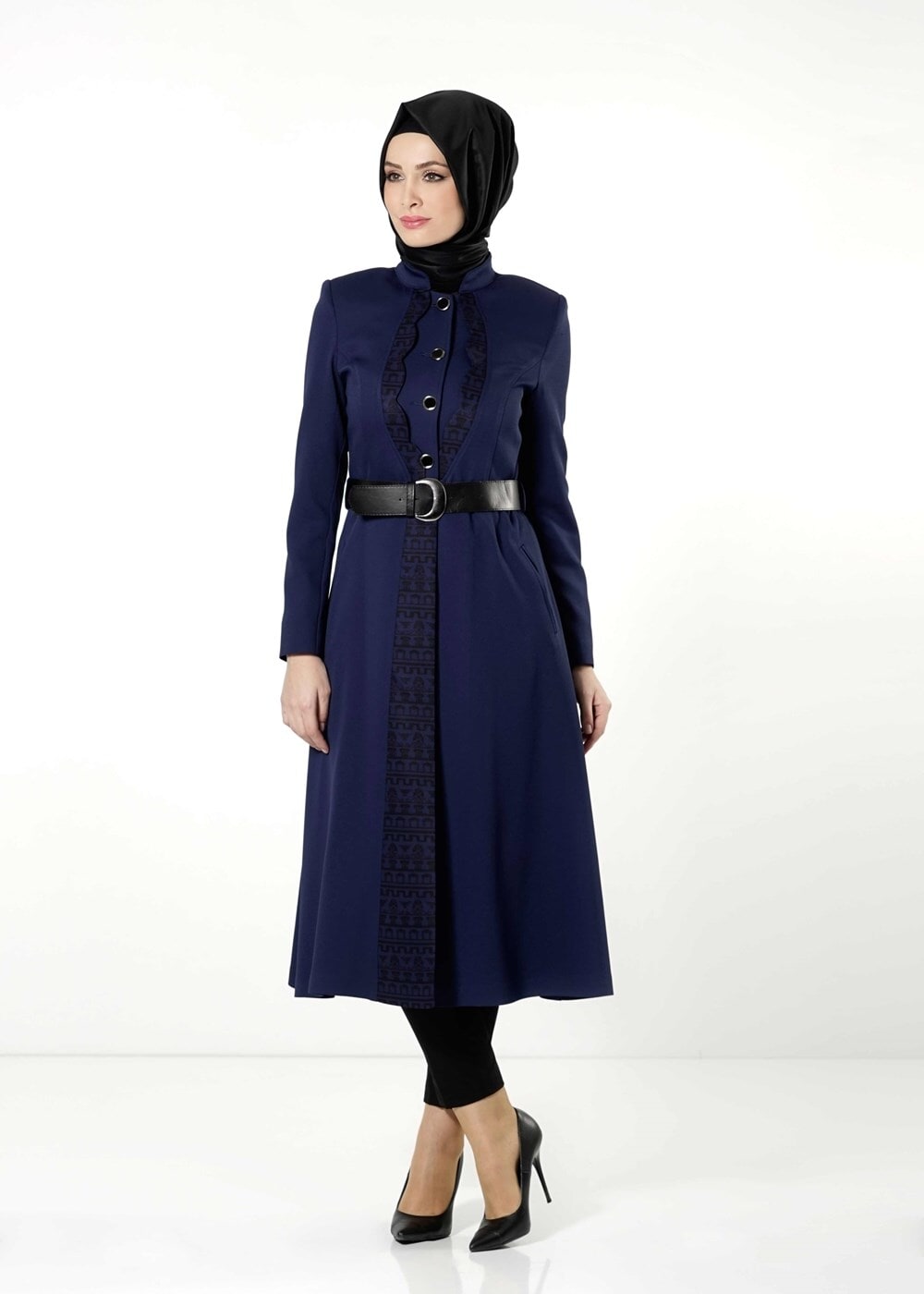 Tesettür giyim LACİVERT HAKİM YAKA DÜĞMELİ TRENÇKOT 7311