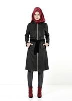 Tesettür giyim GRİ FERMUARLI KAPÜŞONLU TRENÇKOT 2712