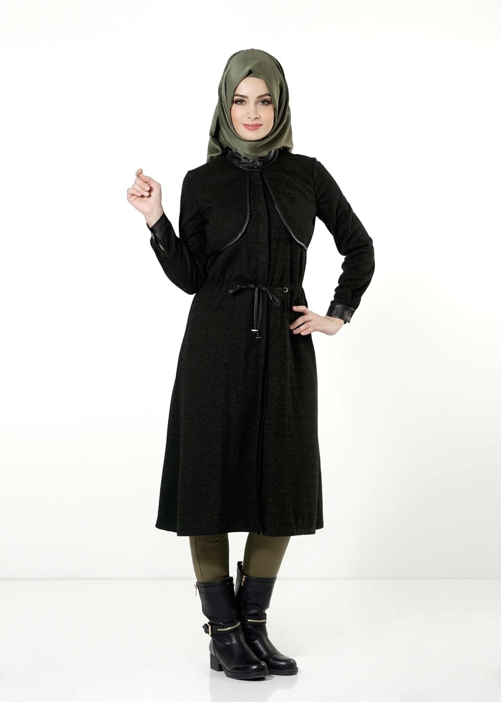 Tesettür giyim YEŞİL DERİ HAKİM YAKA TRENÇKOT 7130 