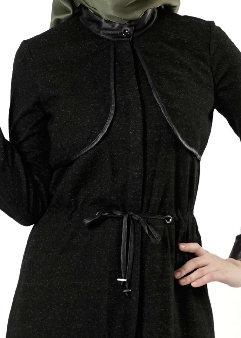 Tesettür giyim YEŞİL DERİ HAKİM YAKA TRENÇKOT 7130 