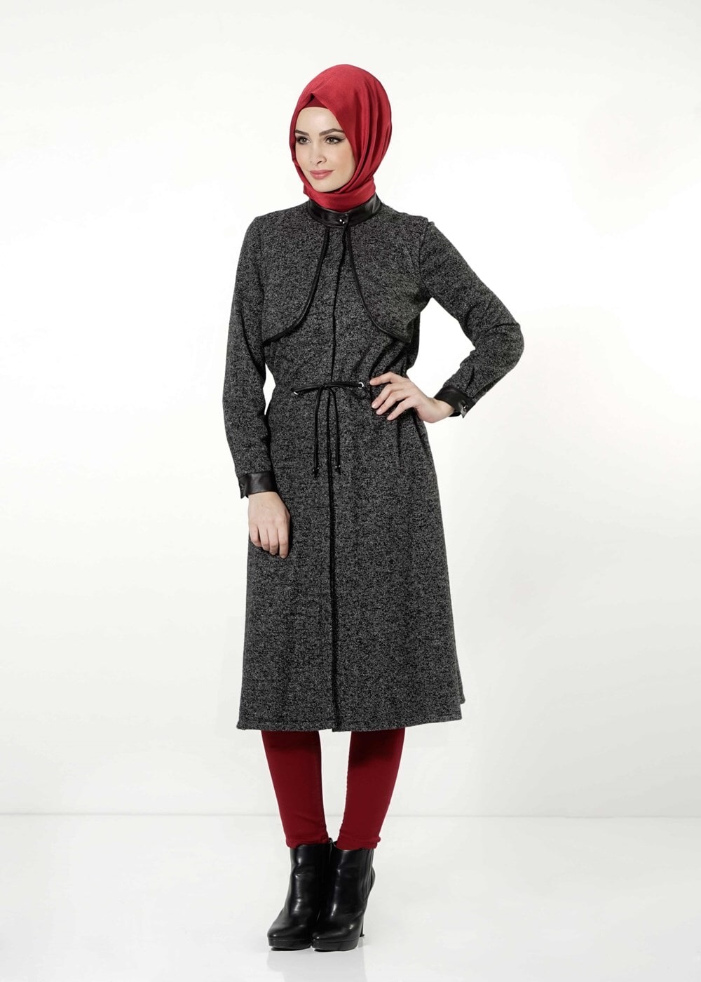 Tesettür giyim GRİ DERİ HAKİM YAKA TRENÇKOT 7130 