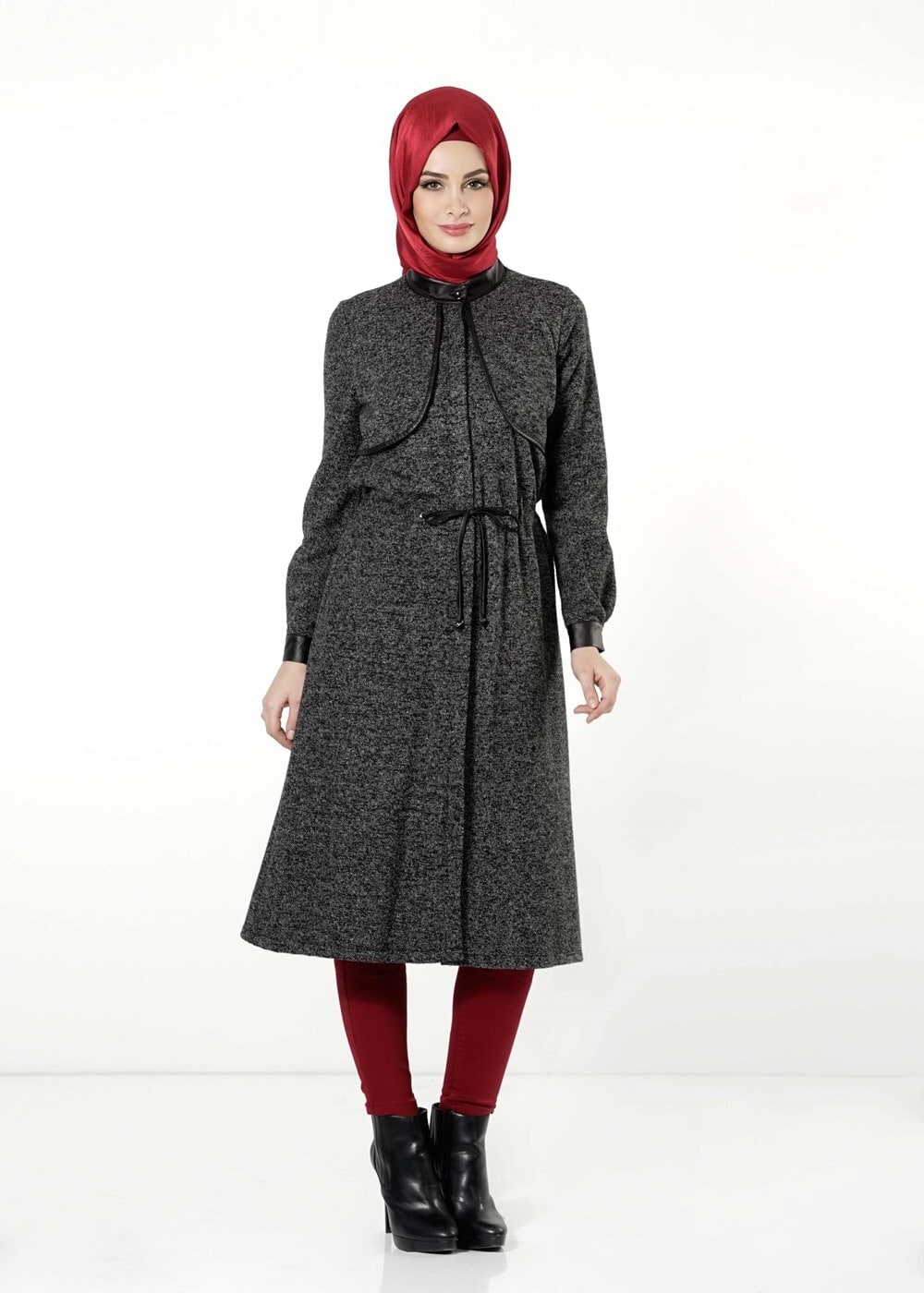 Tesettür giyim GRİ DERİ HAKİM YAKA TRENÇKOT 7130 
