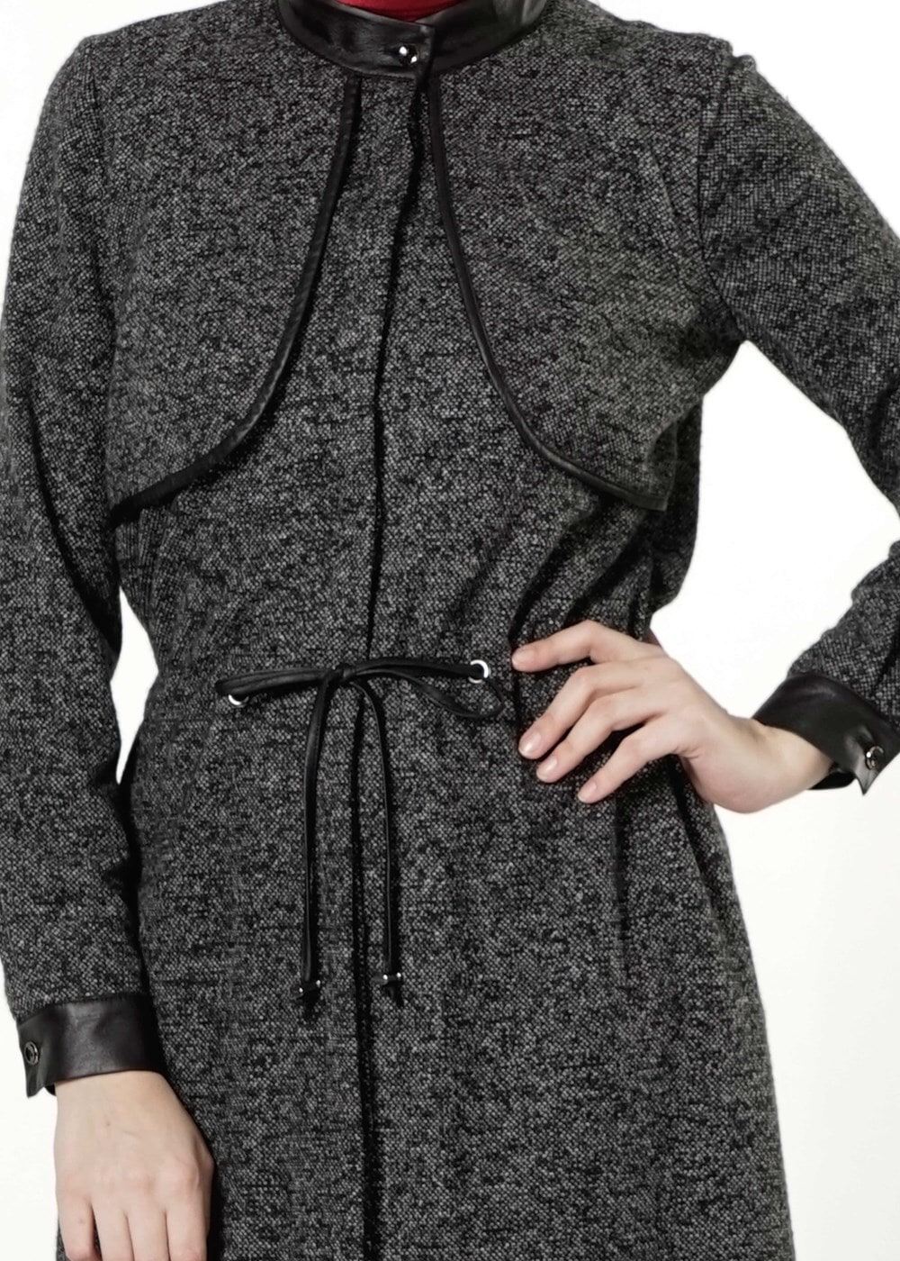 Tesettür giyim GRİ DERİ HAKİM YAKA TRENÇKOT 7130 