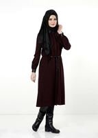 Tesettür giyim BORDO DERİ HAKİM YAKA TRENÇKOT 7130 