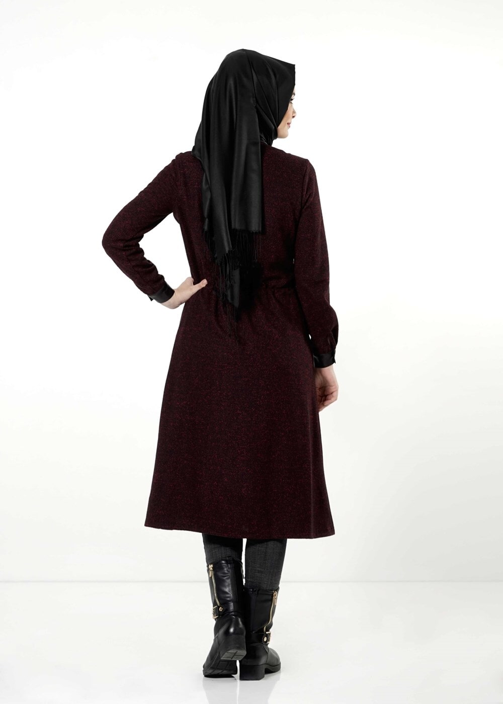 Tesettür giyim BORDO DERİ HAKİM YAKA TRENÇKOT 7130 