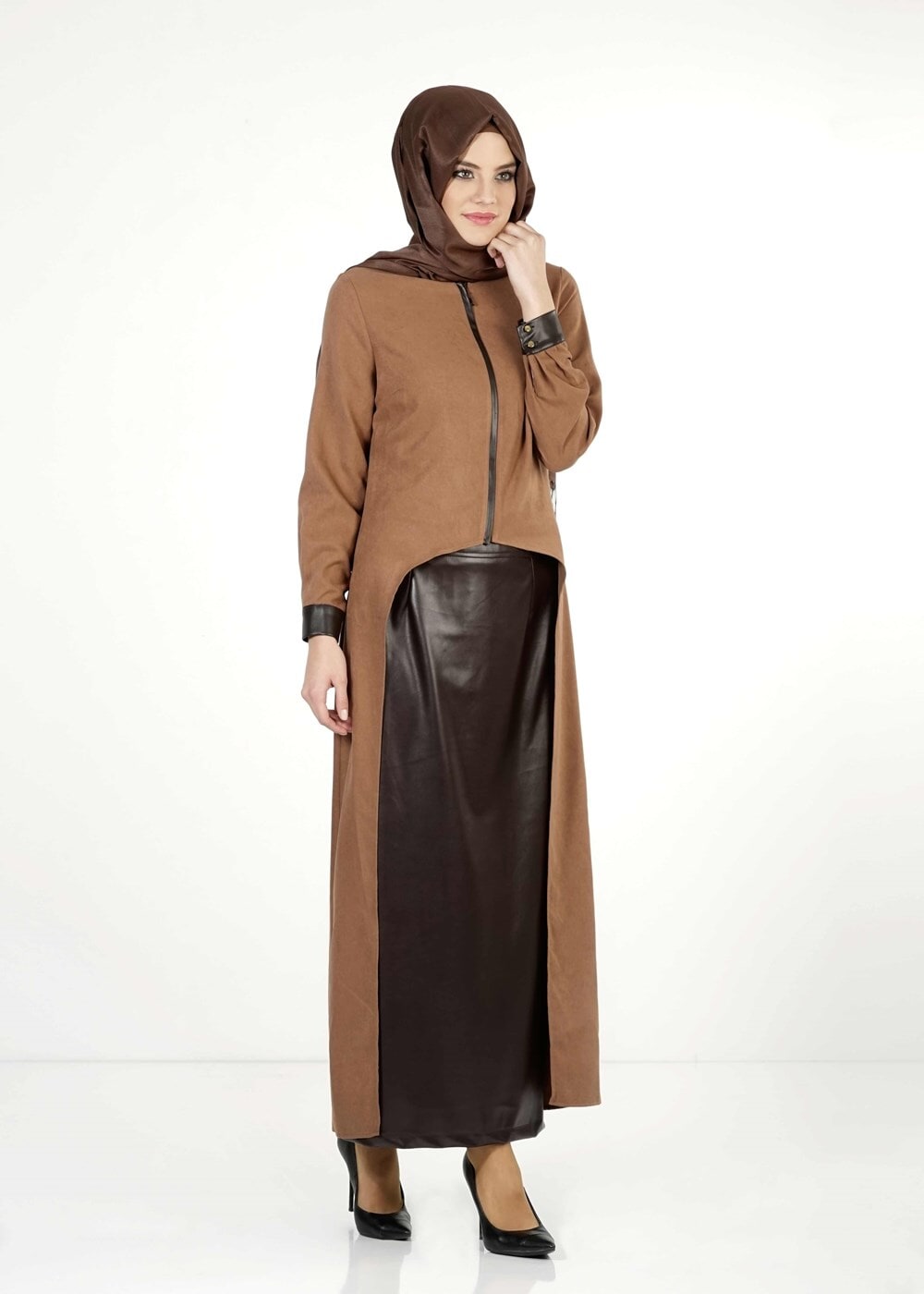 Hijab clothing BROWN LEATHER DETAIL SUIT 9111-1 