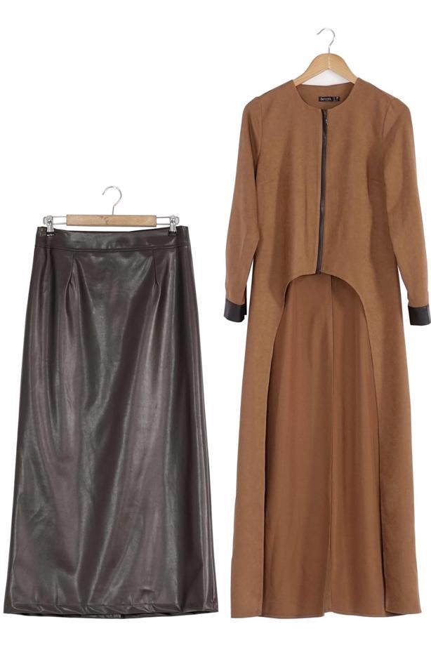 Hijab clothing BROWN LEATHER DETAIL SUIT 9111-1  - TRENDTESETTÜR