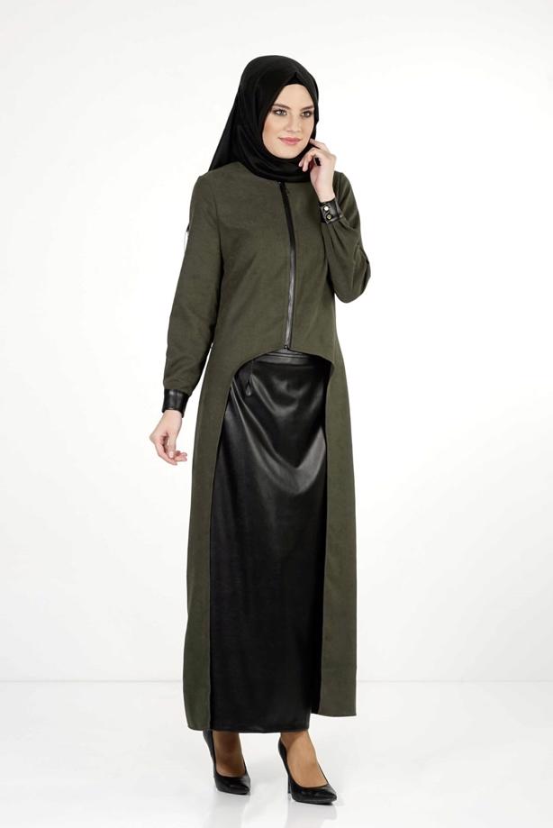Hijab clothing KHAKI LEATHER DETAIL SUIT 9111-1  - TRENDTESETTÜR