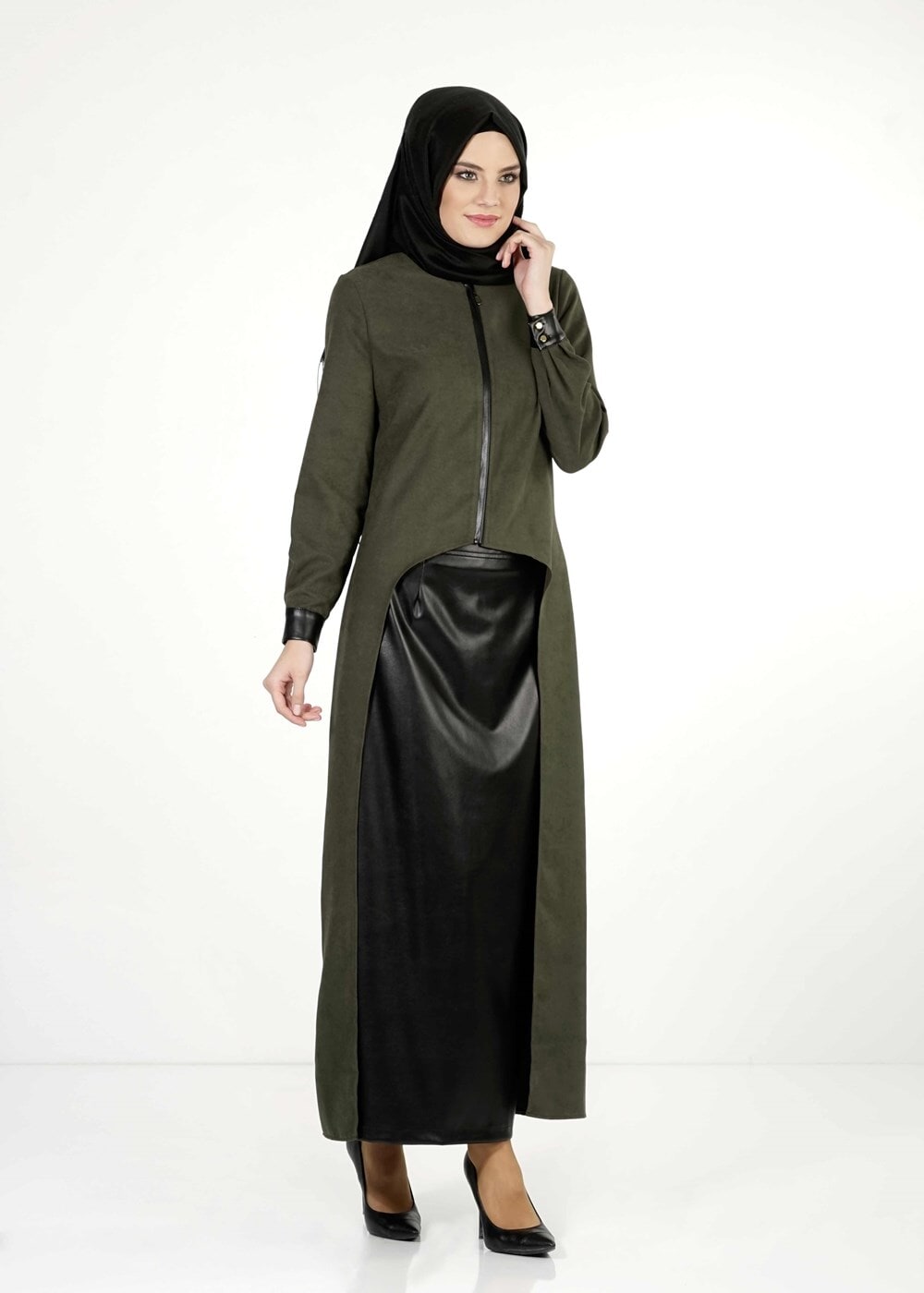 Hijab clothing KHAKI LEATHER DETAIL SUIT 9111-1 
