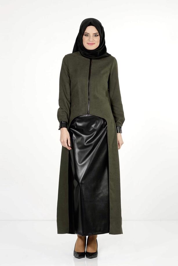 Hijab clothing KHAKI LEATHER DETAIL SUIT 9111-1  - TRENDTESETTÜR