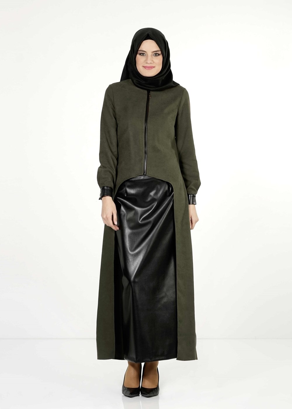 Hijab clothing KHAKI LEATHER DETAIL SUIT 9111-1 