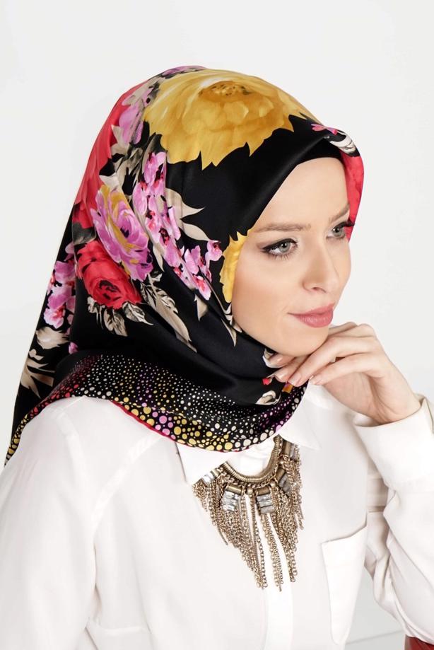 Vêtements hijab NOIR T 27603 Çicek Desenli Eşarp - TRENDTESETTÜR