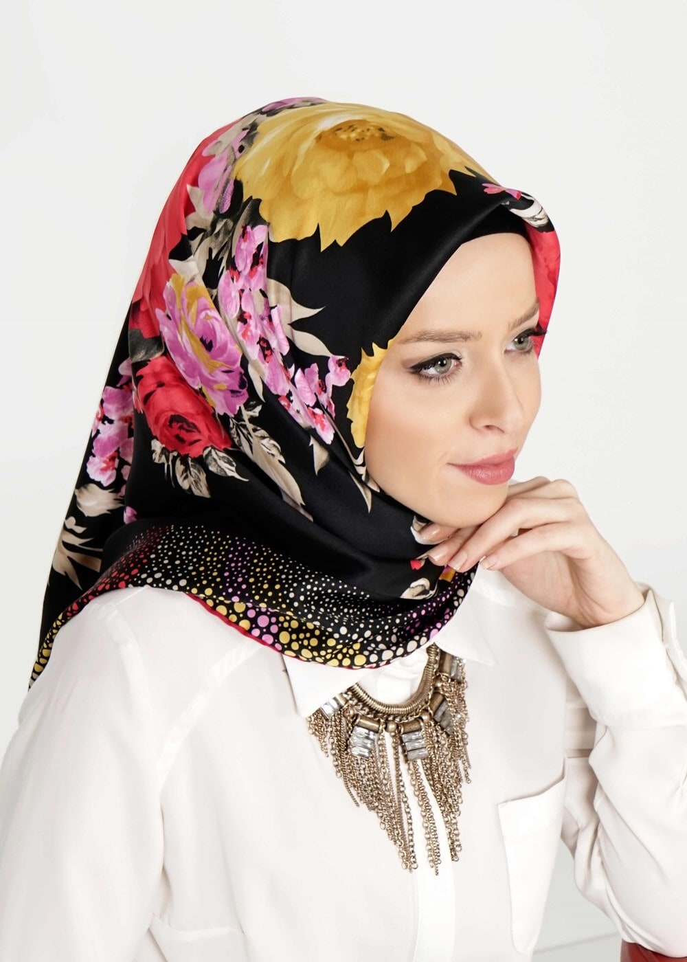 Vêtements hijab NOIR T 27603 Çicek Desenli Eşarp
